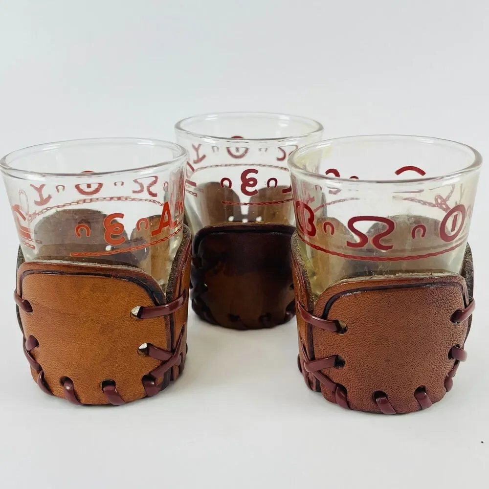 3 Vintage Libbey Bamco Western Shot Glasses MCM Tooled Leather Wraps Barware